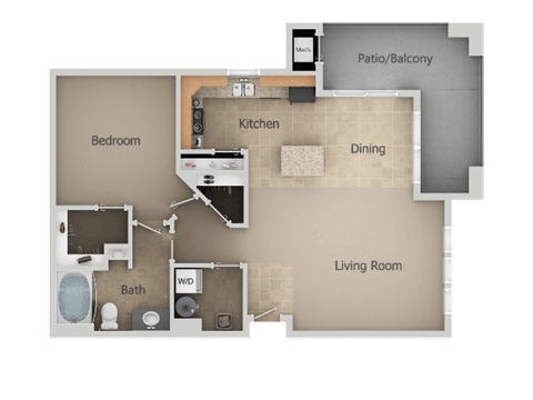 Floor plan for 1 bed, 1 bath, 796 sqft