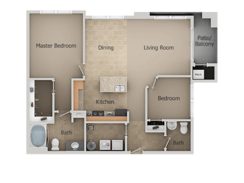 Floor plan for 2 beds, 1 bath, 923 sqft