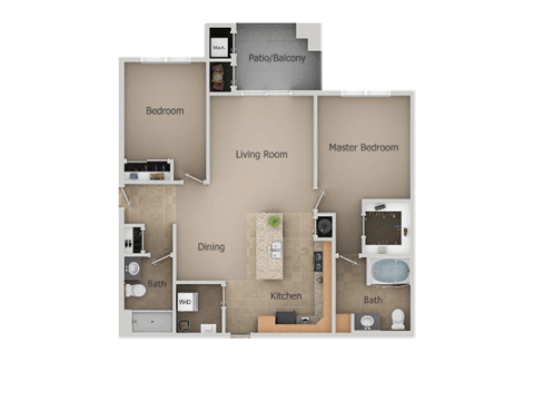 Floor plan for 2 beds, 2 baths, 1076 sqft