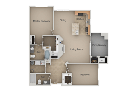 Floor plan for 2 beds, 2 baths, 1130 sqft