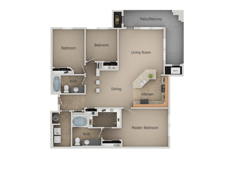 Floor plan for 3 beds, 2 baths, 1311 sqft