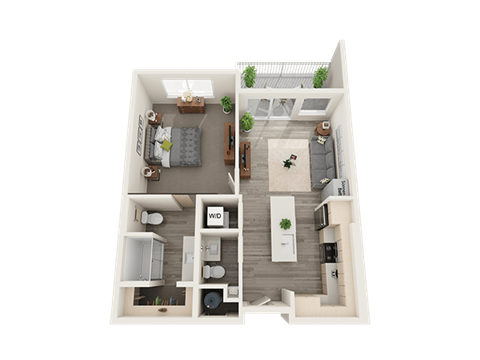 Floor plan for 1 bed, 1.5 baths, 774 sqft