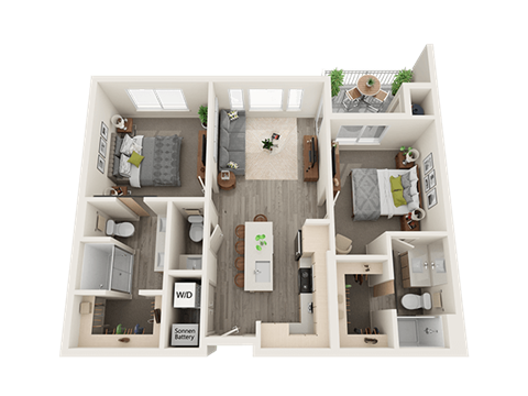 Floor plan for 2 beds, 2.5 baths, 1135 sqft