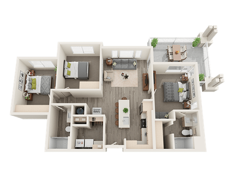 Floor plan for 3 beds, 2 baths, 1290 sqft