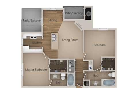 Floor plan for 2 beds, 2 baths, 1117 sqft
