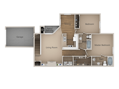 Floor plan for 2 beds, 2 baths, 1267 sqft