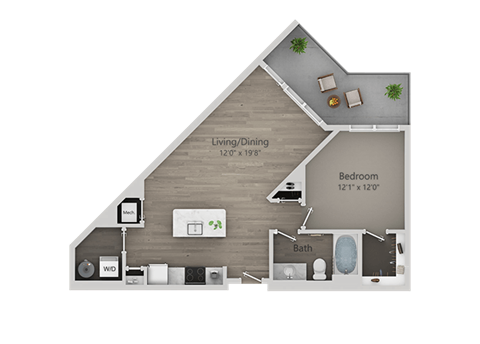 Floor plan for 1 bed, 1 bath, 684 sqft