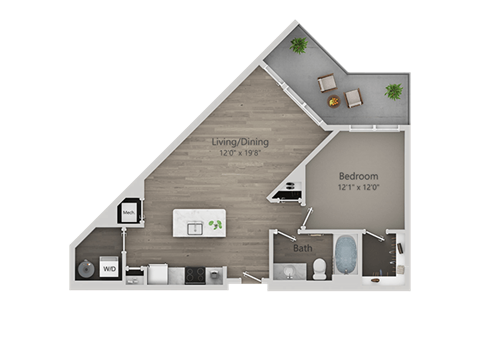 Floor plan for 1 bed, 1 bath, 684 sqft