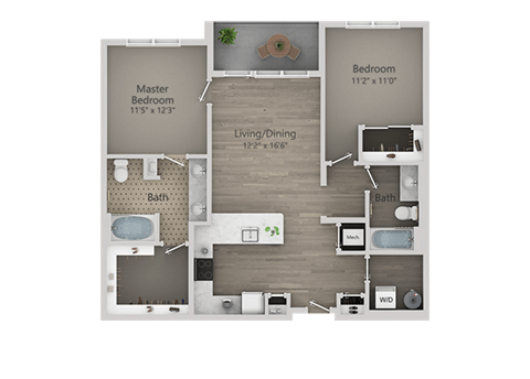 Floor plan for 2 beds, 2 baths, 1022 sqft