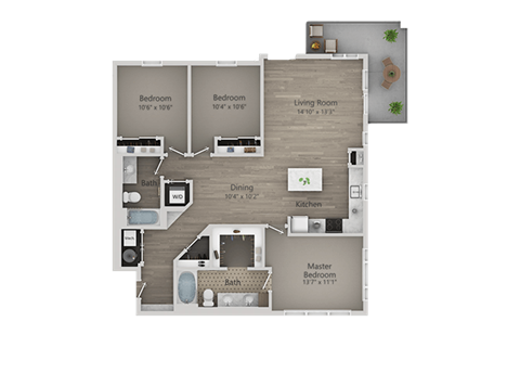 Floor plan for 3 beds, 2 baths, 1277 sqft