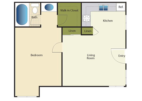 Floor plan for 1 bed, 1 bath, 455 sqft