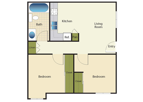 Floor plan for 2 beds, 1 bath, 575 sqft