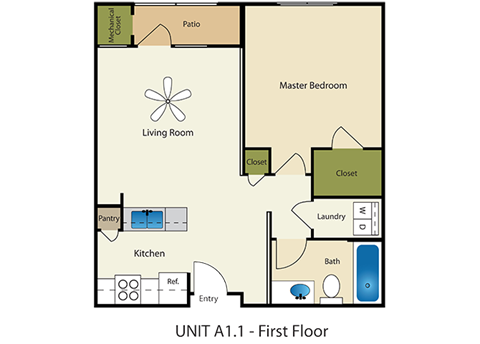Floor plan for 1 bed, 1 bath, 650 sqft