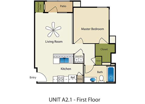 Floor plan for 1 bed, 1 bath, 638 sqft