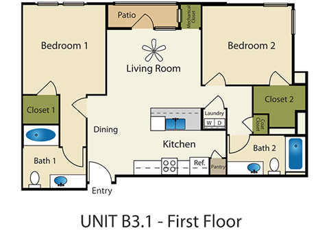 Floor plan for 2 beds, 2 baths, 906 sqft