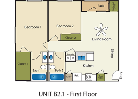 Floor plan for 2 beds, 2 baths, 910 sqft