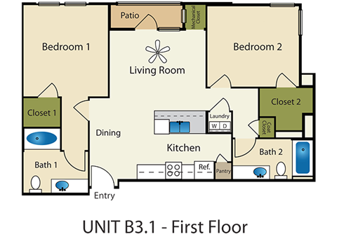 Floor plan for 2 beds, 2 baths, 980 sqft