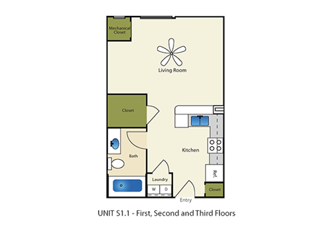 Floor plan for studio, 1 bath, 487 sqft