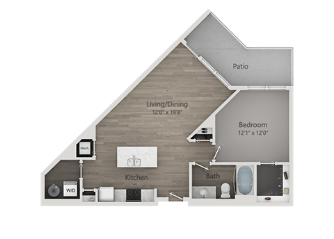 Floor plan for 1 bed, 1 bath, 745 sqft