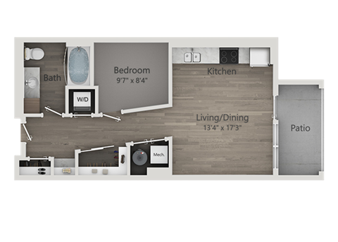 Floor plan for studio, 1 bath, 615 sqft