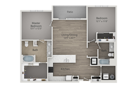 Floor plan for 2 beds, 2 baths, 1261 sqft