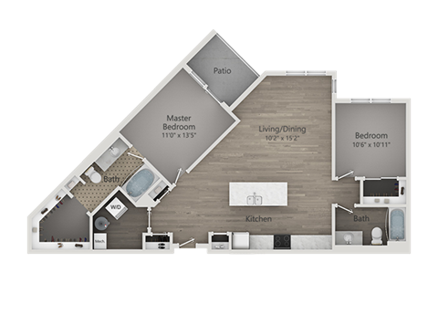 Floor plan for 2 beds, 2 baths, 1160 sqft