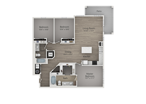 Floor plan for 3 beds, 2 baths, 1367 sqft