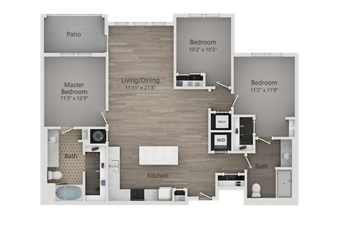 Floor plan for 3 beds, 2 baths, 1381 sqft