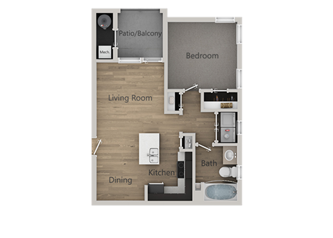 Floor plan for 1 bed, 1 bath, 750 sqft