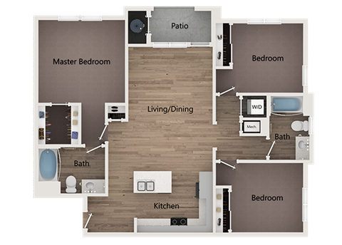 Floor plan for 3 beds, 2 baths, 1318 sqft
