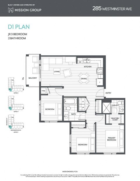 Floor plan for 3 beds, 2 baths, 926 sqft