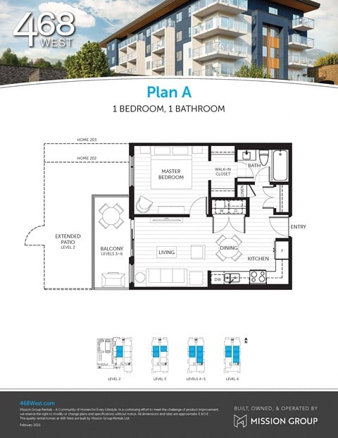 Floor plan for 1 bed, 1 bath, 533 sqft