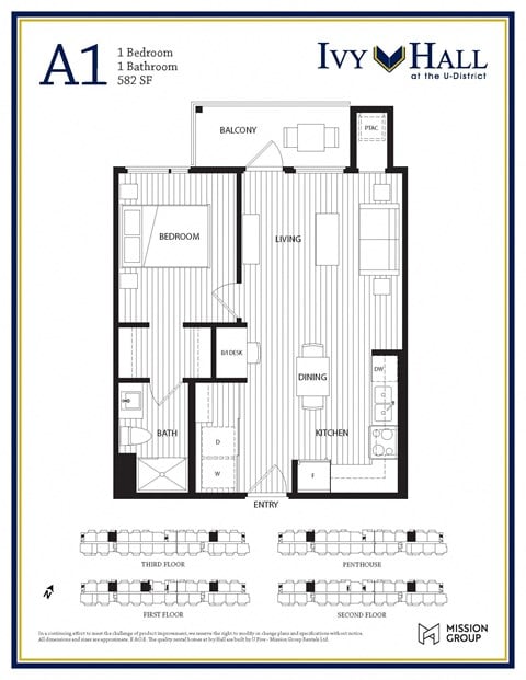 Floor plan for 1 bed, 1 bath, 540 sqft