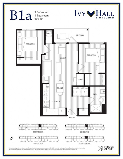 Floor plan for 2 beds, 1 bath, 645 sqft
