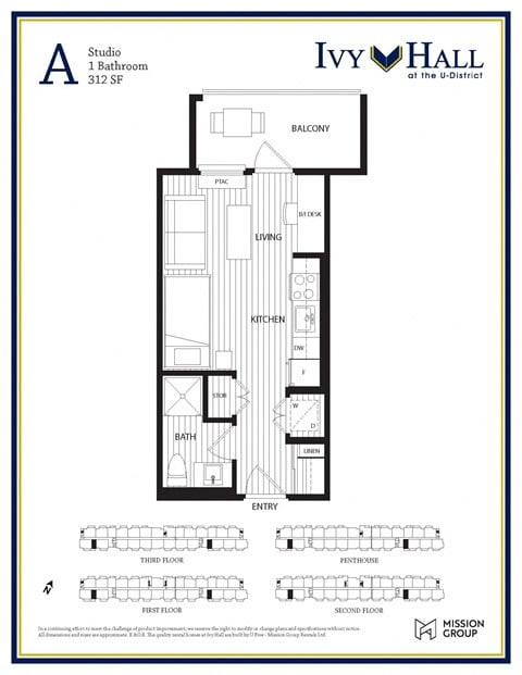 Floor plan for studio, 1 bath, 284 sqft