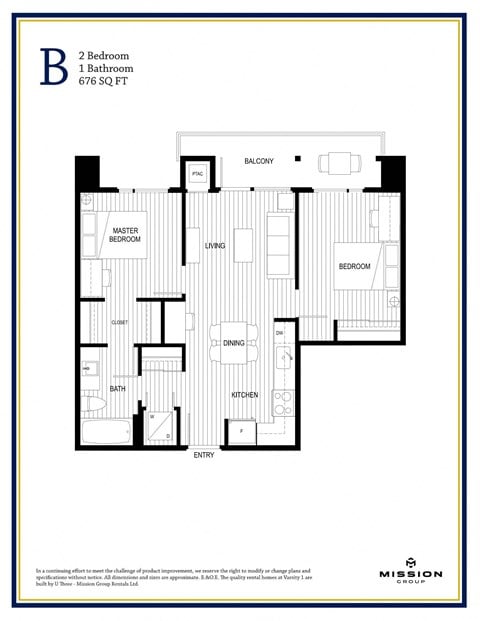 Floor plan for 2 beds, 1 bath, 692 sqft