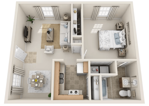 Floor plan for 1 bed, 1 bath, 725 sqft