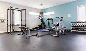 Conway apartment for rent - A home gym with a variety of equipment including a squat rack, treadmill, and weights.  Aviary Village Apartments, in Conway, SC 29526