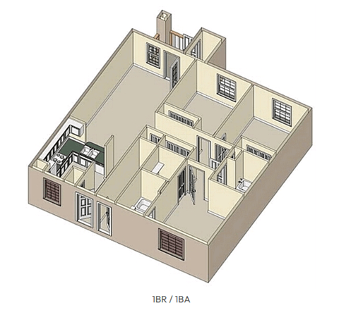 Floor plan for 1 bed, 1 bath, 921 sqft