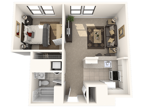 Floor plan for 1 bed, 1 bath, 596 sqft