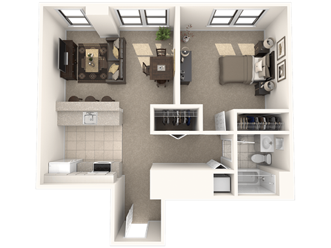 Floor plan for 1 bed, 1 bath, 635 sqft