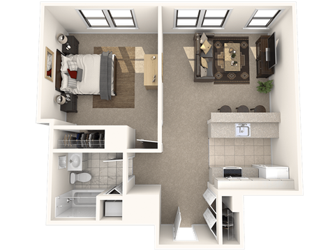 Floor plan for 1 bed, 1 bath, 654 sqft