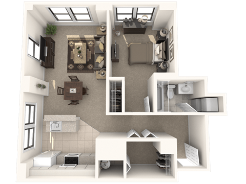 Floor plan for 1 bed, 1 bath, 671 sqft