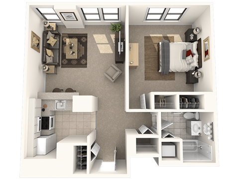 Floor plan for 1 bed, 1 bath, 681 sqft