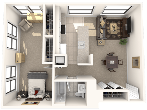 Floor plan for 1 bed, 1 bath, 826 sqft