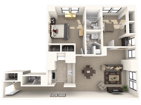 Floor plan for 2 beds, 2.5 baths, 1040 sqft