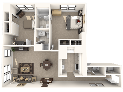 Floor plan for 2 beds, 2.5 baths, 1074 sqft