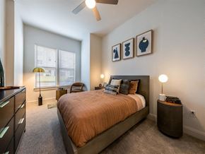Austin apartment for rent - A bedroom with two windows, carpet flooring, and a ceiling fan.