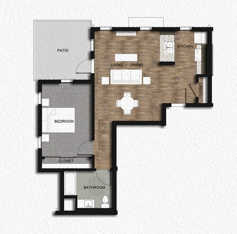 Floor plan for 1 bed, 1 bath, 735 sqft