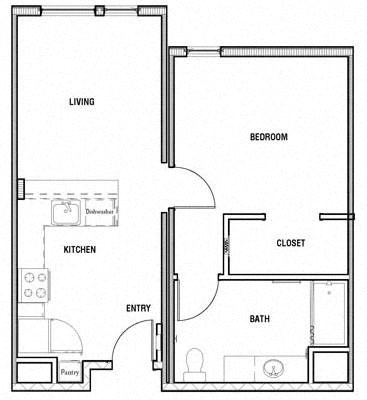 Floor plan for 1 bed, 1 bath, 585 sqft